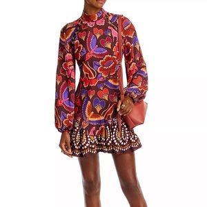 Farm Rio Bright Flora Brown Long Sleeve Mini Dress XS